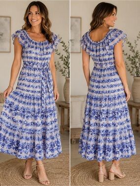 Eliza J Blue Floral Ruffle maxi Dress -